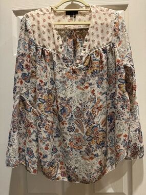Jeans By Buffalo Boho Floral Peasant Top White with Blue & Orange Floral: Large